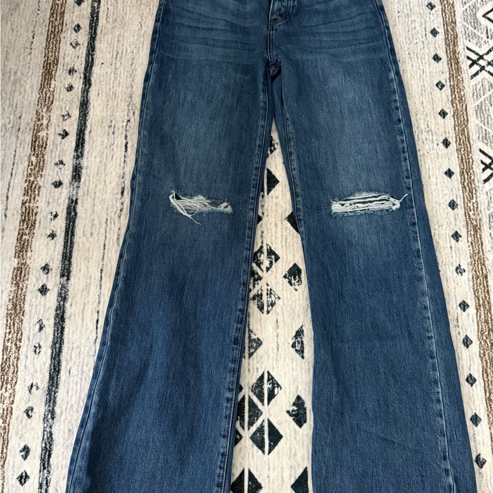 KanCan Blue Flare Wide Leg Jeans with Distressed Details